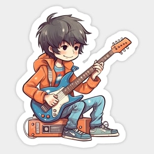 A boy playing his favourite guitar Sticker